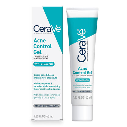 CeraVe Salicylic Acid Acne Treatment with Glycolic Acid and Lactic Acid | AHA/BHA Acne Gel for Face to Control and Clear Breakouts | Fragrance Free, Paraben Free, Oil Free &amp; Non-Comedogenic|1.35 Ounce